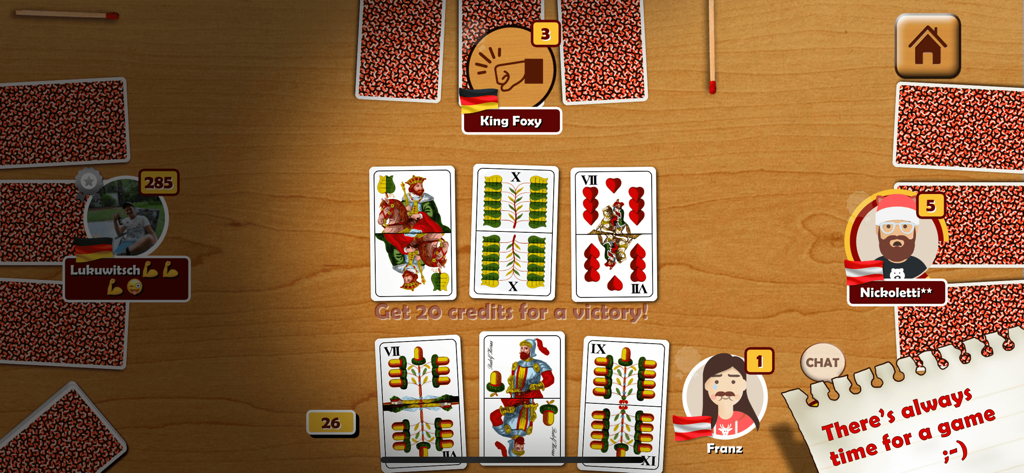 Thirty One | 31 | Scat | Blitz - Online multiplayer session of Thirty One card game with four players and authentic card deck designs on a wooden table.