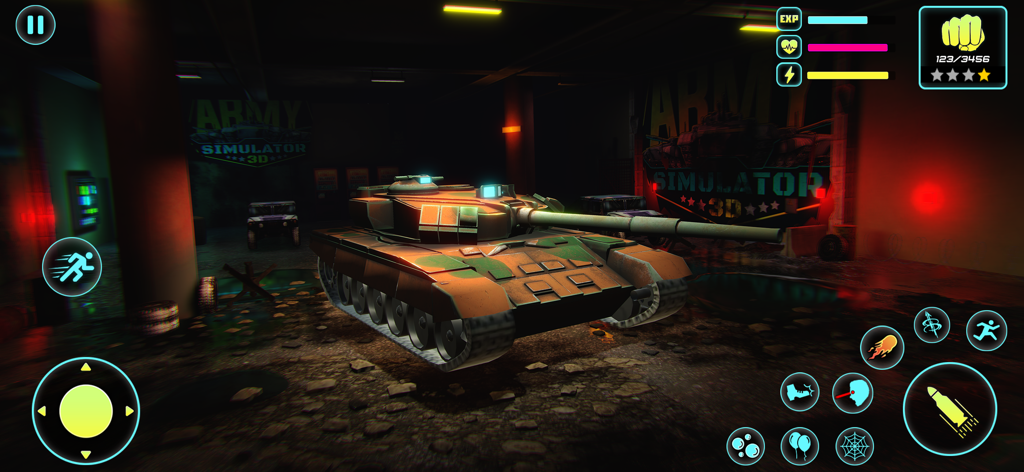 Tank Games 3D : Army War Games - A 3D tank in a military garage with game interface buttons from Tank Games 3D Army War Games