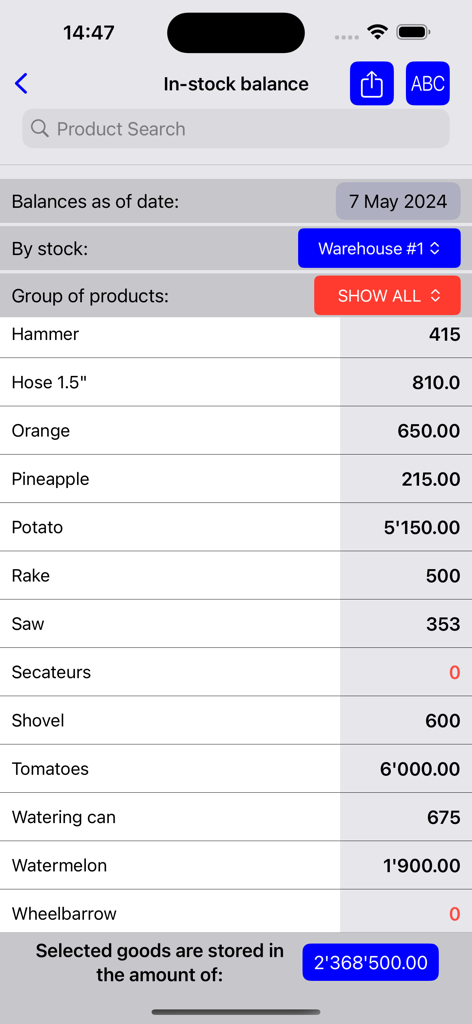 Warehouse accounting - Mobile app screen displaying in-stock balance with a list of products and their quantities