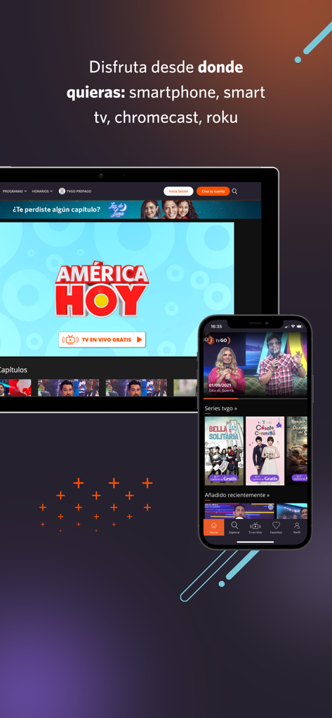 América tvGO Internacional - America tvGO app interface displayed on a laptop and smartphone showing live Peruvian television and on-demand series