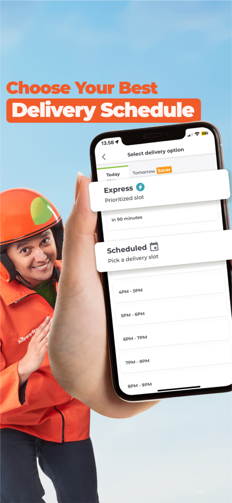 HappyFresh - Grocery Delivery - HappyFresh app interface showing express and scheduled delivery time slots alongside a smiling delivery rider