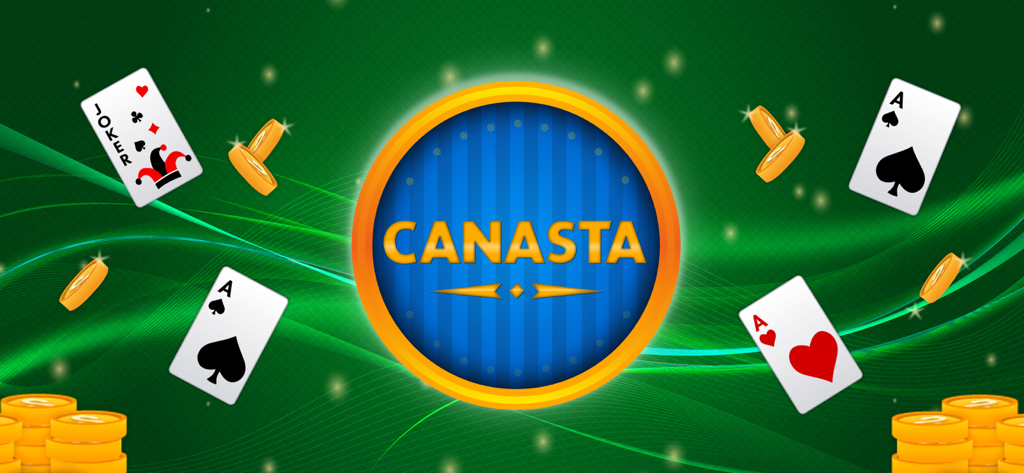 Canasta card game logo with playing cards and gold coins on a green decorative background