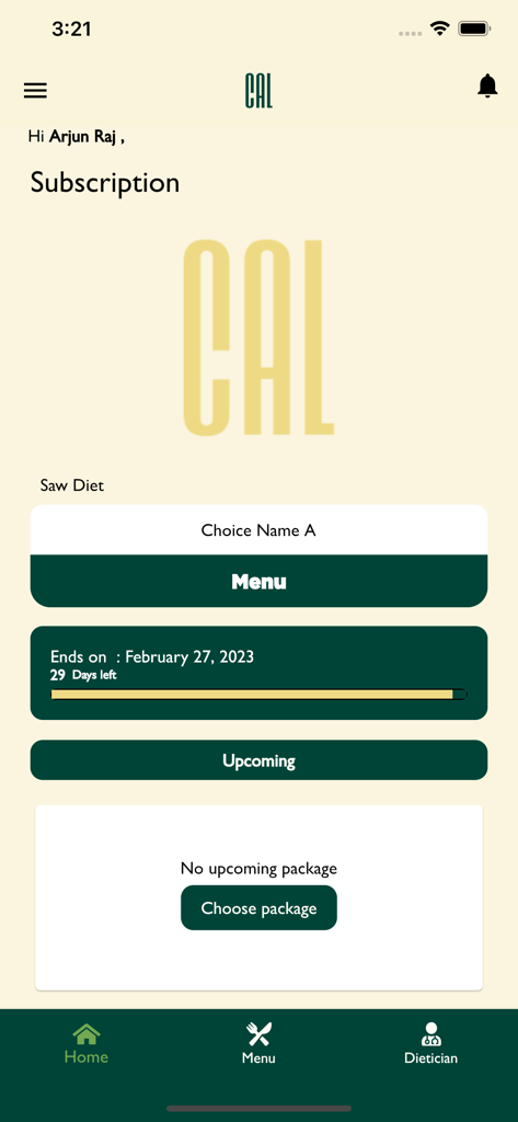 CAL - كال - Interfaz de la aplicación CAL que muestra los detalles de la suscripción y el estado del plan de dieta