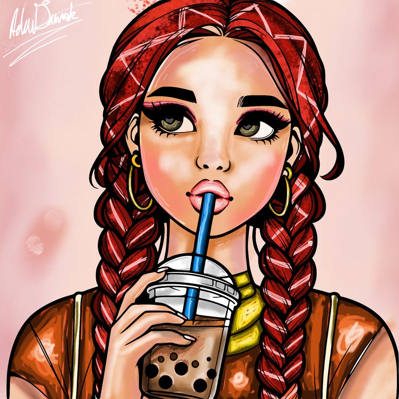 realistic girl with braided hair drinking boba