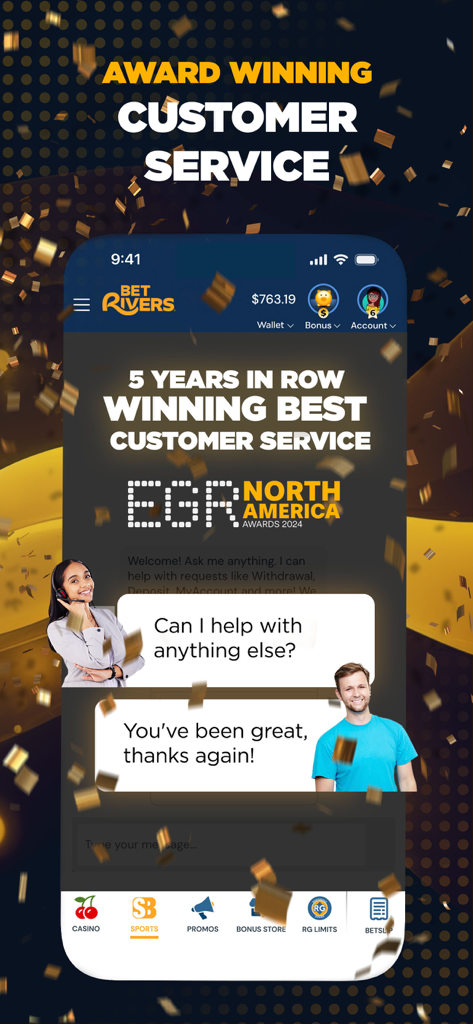 BetRivers app screen highlighting five consecutive years of winning best customer service at the EGR North America Awards.