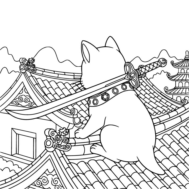 cat with a diamond collar and a sword in its mouth standing on a chinese house roof