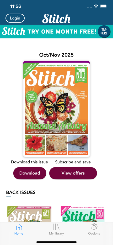 Stitch Magazine. - Stitch Magazine app home screen showing the latest embroidery issue cover and back issues