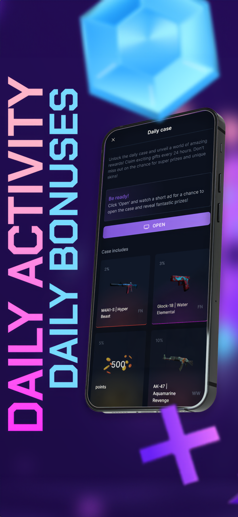 BWGG-CS2: Skins for CS2 - Interface de l'application BWGG-CS2 montrant des bonus d'activité quotidiens et des récompenses de skins d'armes CS2