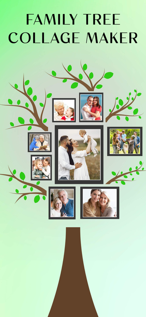 A family tree photo collage featuring various portraits of family members within a stylized tree frame.