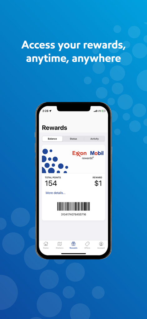 Interfaccia dell'app Exxon Mobil Rewards che mostra il saldo punti e un codice a barre scansionabile per i premi fedeltà della stazione di servizio.