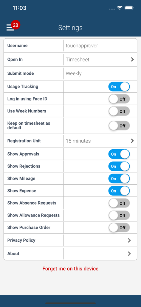 Settings menu in the Deltek Touch for Maconomy app showing configuration options for timesheets, expenses, and security toggles like Face ID.