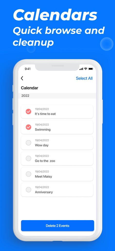 iPhone画面。Phone Cleanerアプリのカレンダークリーニング機能を表示。削除対象として複数のイベントが選択されている。