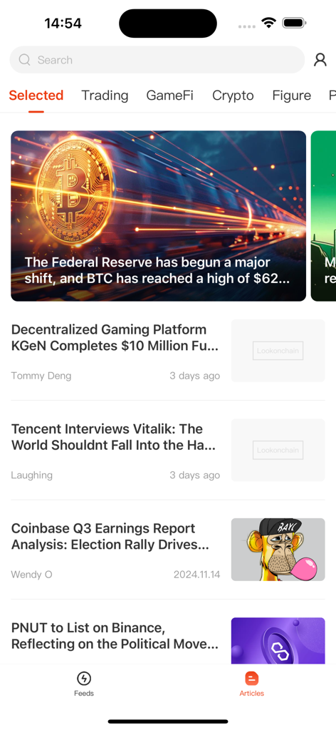 Lookonchain App-Oberfläche, die eine Liste kuratierter Kryptowährungs-Nachrichtenartikel und Markteinblicke anzeigt