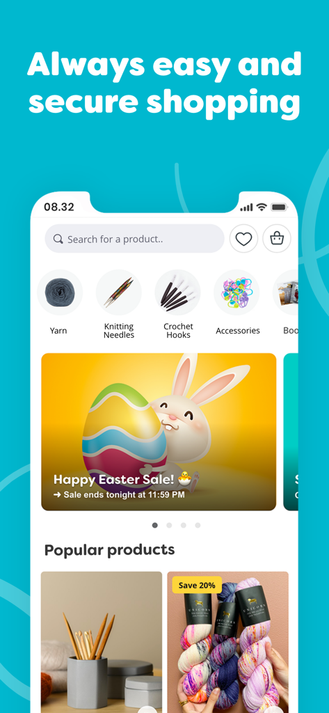 Hobbii - Hobbii mobile app home screen displaying yarn categories and seasonal sales banners