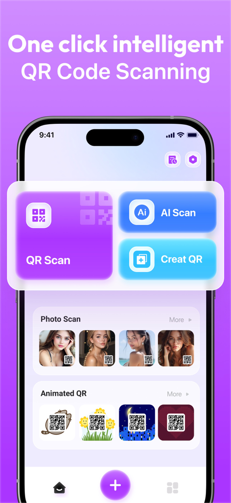Super AI Scanner app dashboard showing QR code scanning and creation features