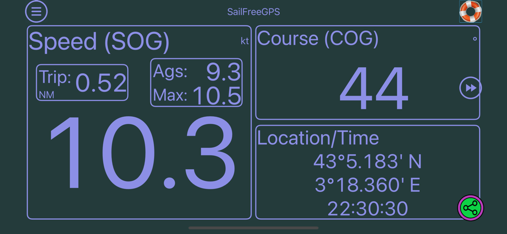 SailFreeGPS - SailFreeGPS navigation dashboard showing speed course and location data