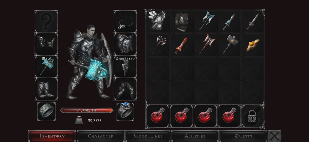 Vampires Fall Origins RPGのキャラクター装備、武器、アイテムを表示するインベントリ画面