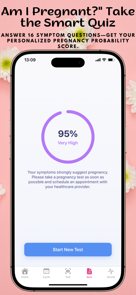 Pregnancy Test AI - A mobile screen showing a high pregnancy probability score based on a symptom quiz.