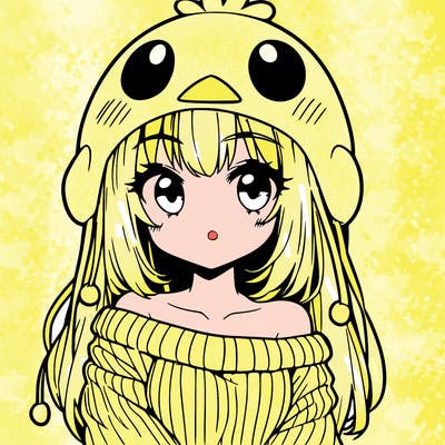 anime girl with chick shaped hat with sweater with bare shoulders with bangs covering them one eye with low tail