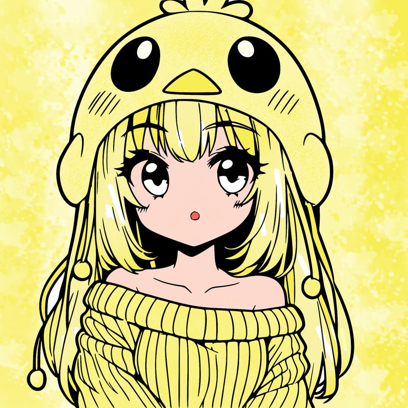 anime girl with chick shaped hat with sweater with bare shoulders with bangs covering them one eye with low tail