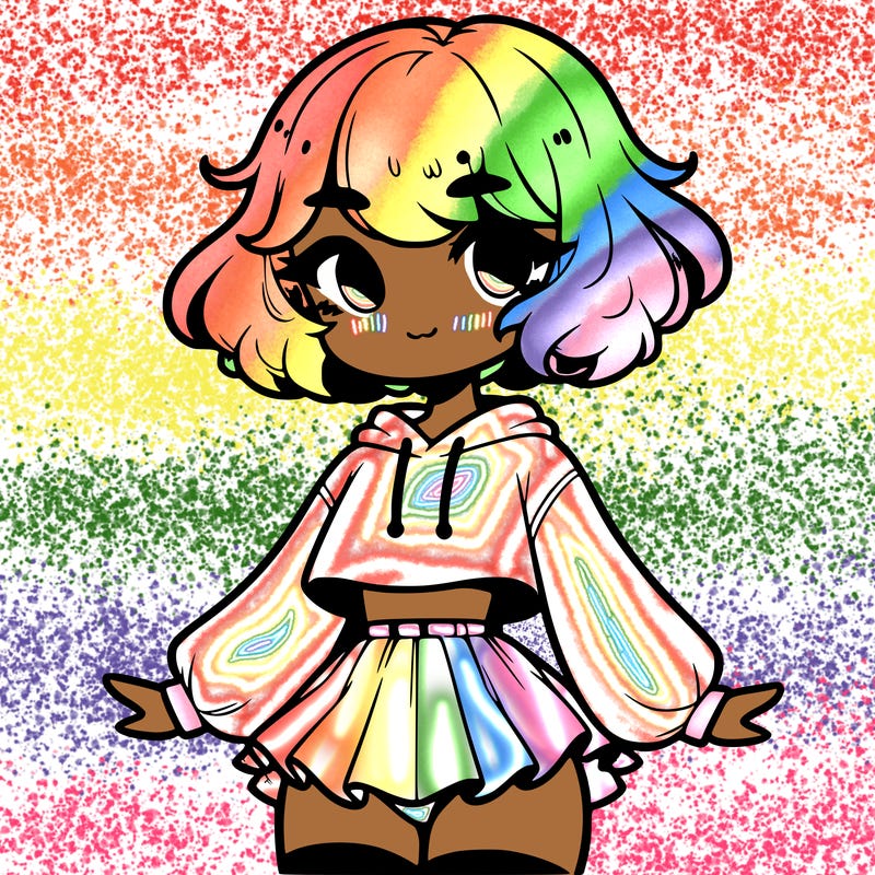 cute femboy with short, fluffy hair that softly frames their face, wearing a cropped hoodie, paired with a flouncy short skirt, and thigh-high stockings