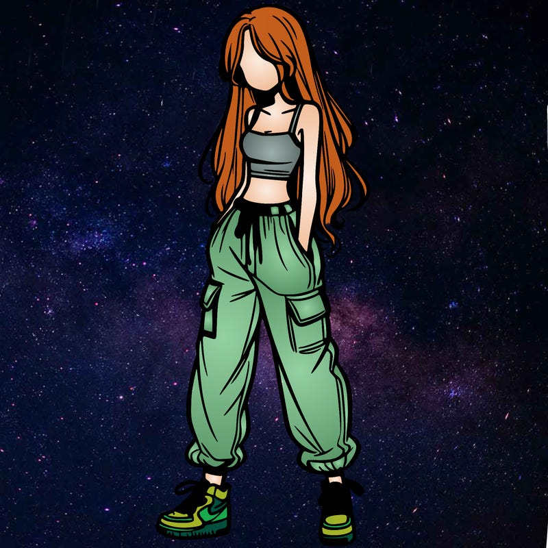 girl in baggy pants crop top and long hair