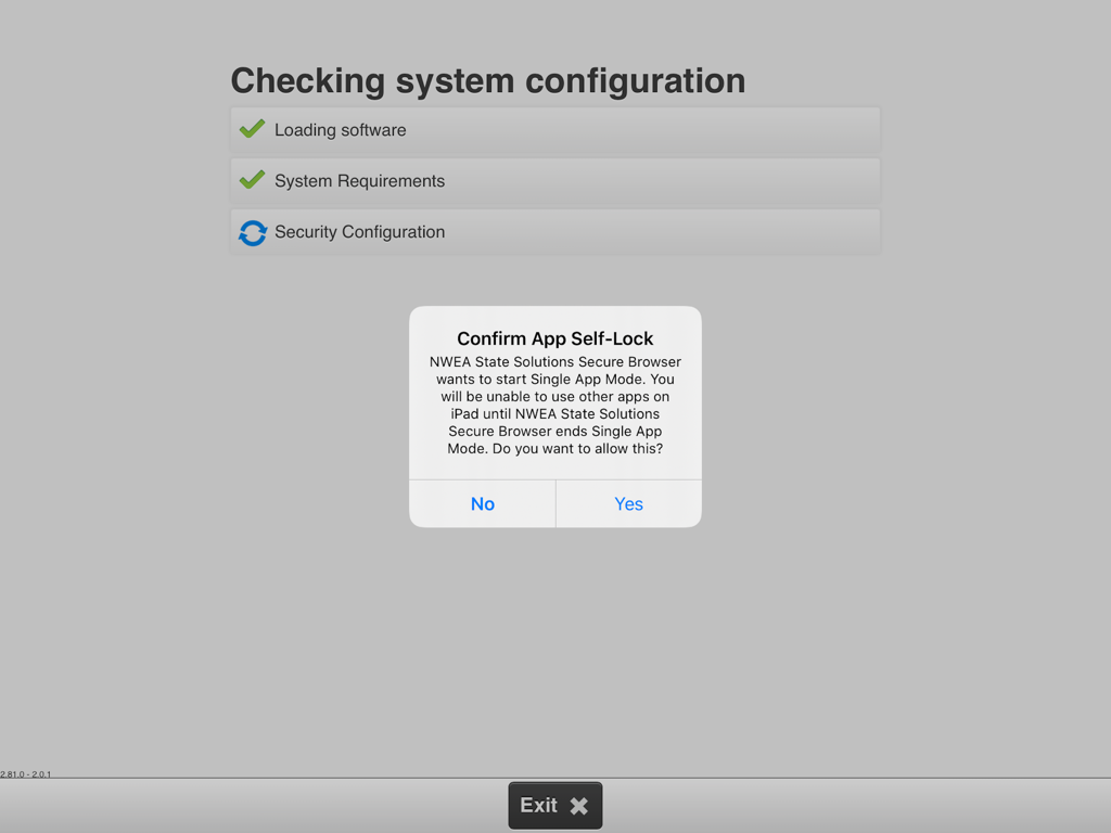 NWEA State Solutions - Screenshot of NWEA State Solutions app showing a confirmation popup for Single App Mode lock during school testing.
