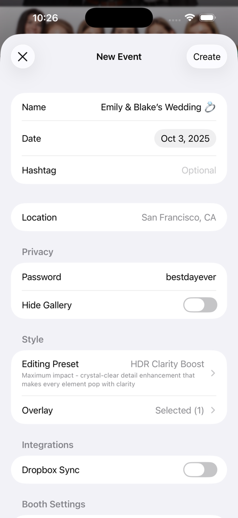A configuration screen for a new wedding event in the Flassh photo booth app showing location and style settings
