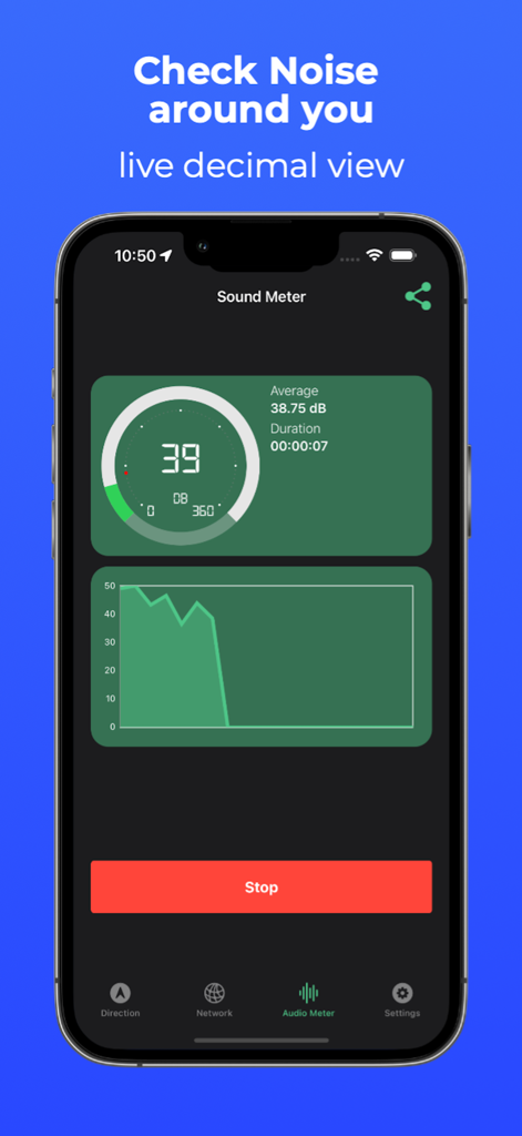 Uno smartphone che visualizza un fonometro con un indicatore di decibel e un grafico del livello di rumore in tempo reale