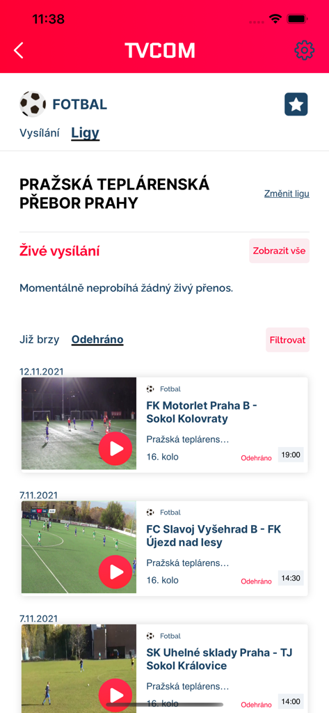 Screenshot of the TVCOM app showing an archive of Czech regional football matches.