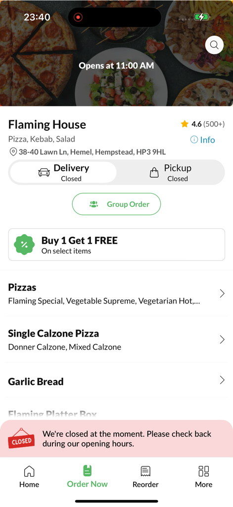 Flaming House Hemel - The home screen of the Flaming House Hemel mobile app showing menu categories and restaurant information