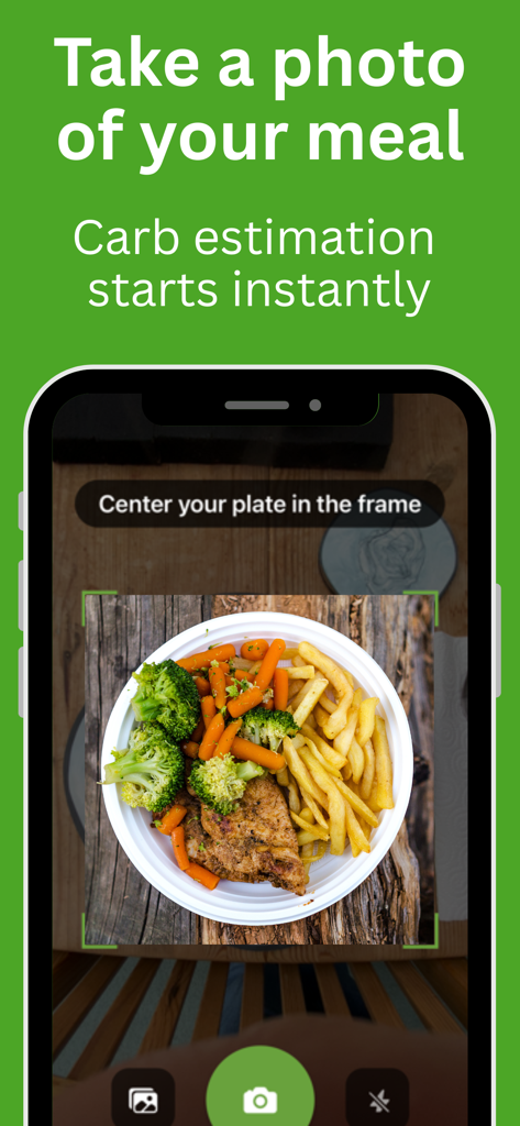 CarbCountAI - CarbCountAI app camera interface scanning a plate of food for instant carbohydrate estimation