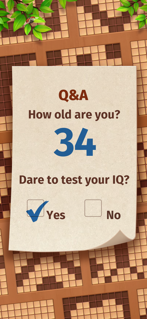 Cube Block - Woody Puzzle Game - Wood block puzzle game screen asking Dare to test your IQ with age selection prompt