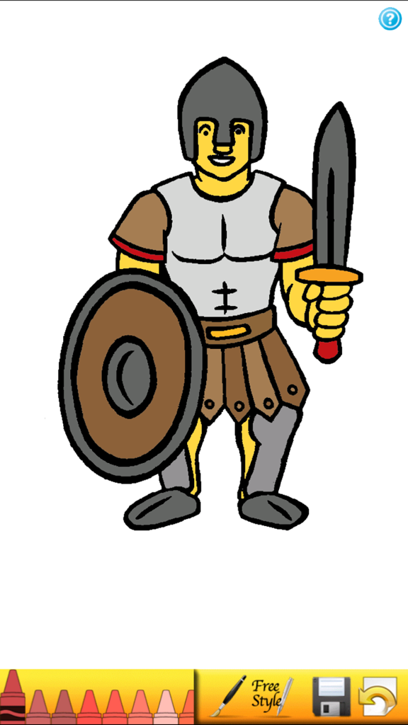 Uma ilustração colorida de um guerreiro das escrituras com uma espada e escudo no aplicativo Livro de Colorir SUD