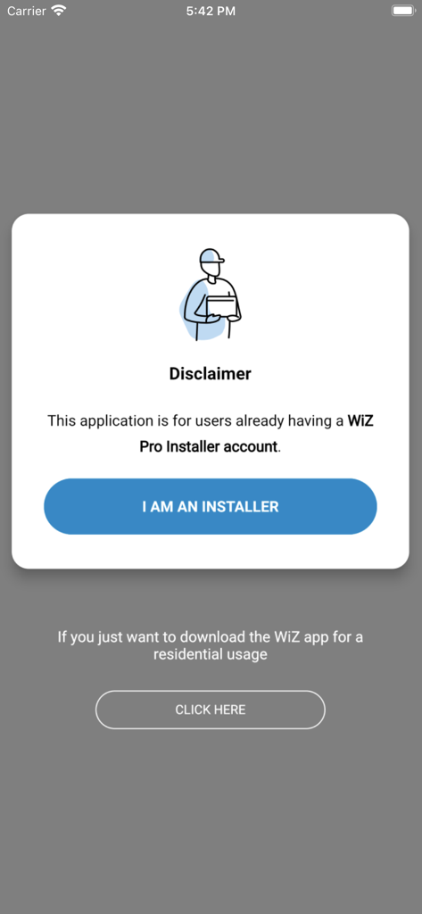 Disclaimer screen in the WiZ Pro Setup app for professional installers