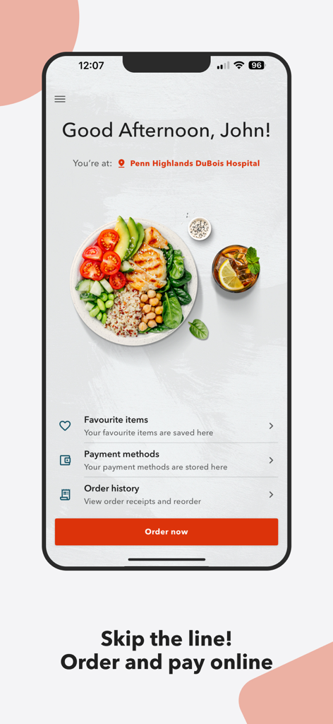 Instaeat - Instaeat mobile app home screen for hospital food ordering with a healthy meal bowl and skip the line button