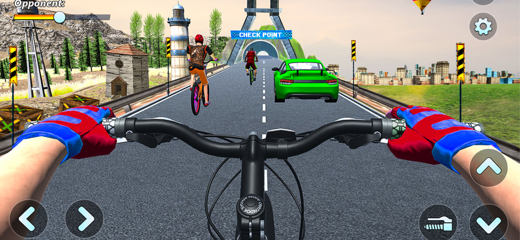 First person perspective of a BMX rider racing on a track towards a checkpoint bridge