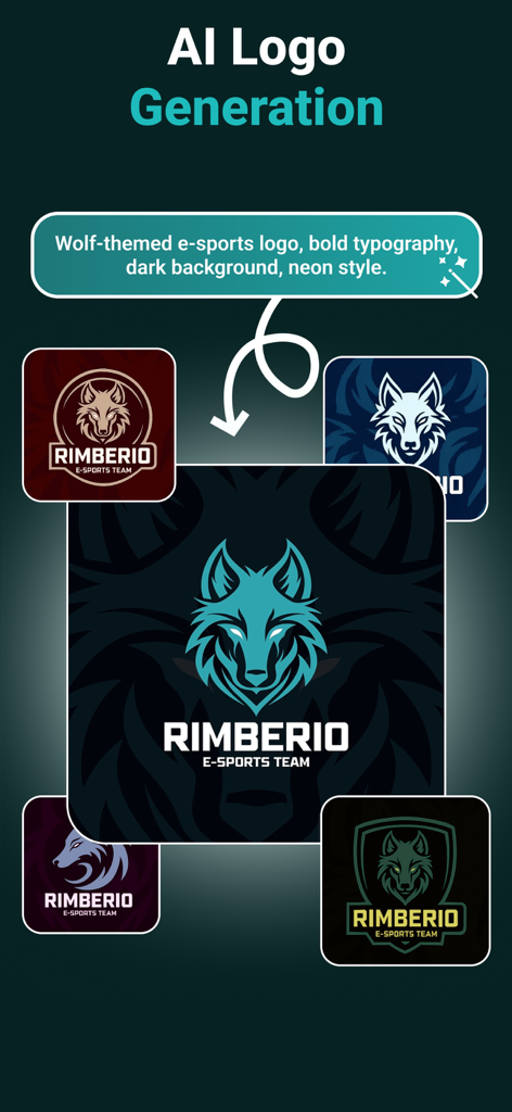AI Logo Maker - AI Logo Design - KI-Logo-Generierungs-Oberfläche, die mehrere Wolf-Themen-E-Sport-Logo-Designs zeigt, die aus einer Textaufforderung erstellt wurden