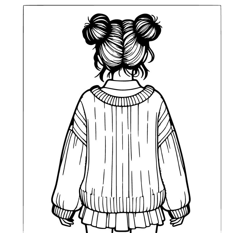 girl in a over sized sweater with cute space buns and shirt back hair