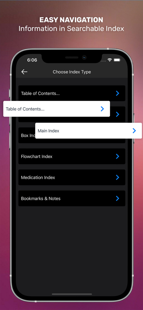 Lippincott Nursing Procedures app navigation menu showing searchable index options.