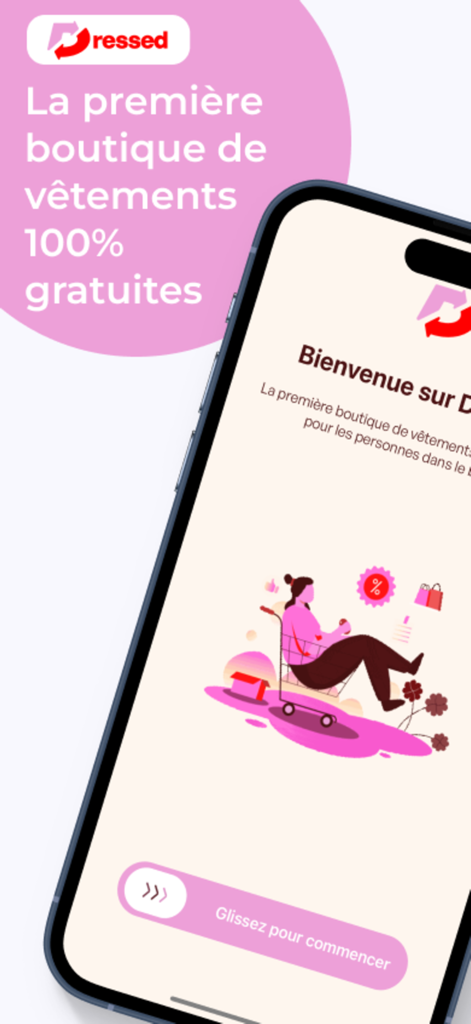 Dressed - Der Willkommensbildschirm der Dressed-Mobil-App mit einer Einkaufsillustration und einem Schieberegler zum Starten