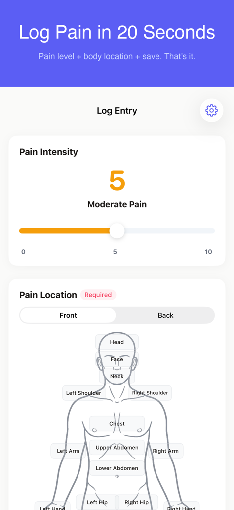 PainLog - Symptom Diary - Interfaz de la aplicación PainLog mostrando un nivel de intensidad de dolor moderado en un deslizador y un mapa corporal para seleccionar la ubicación de los síntomas.