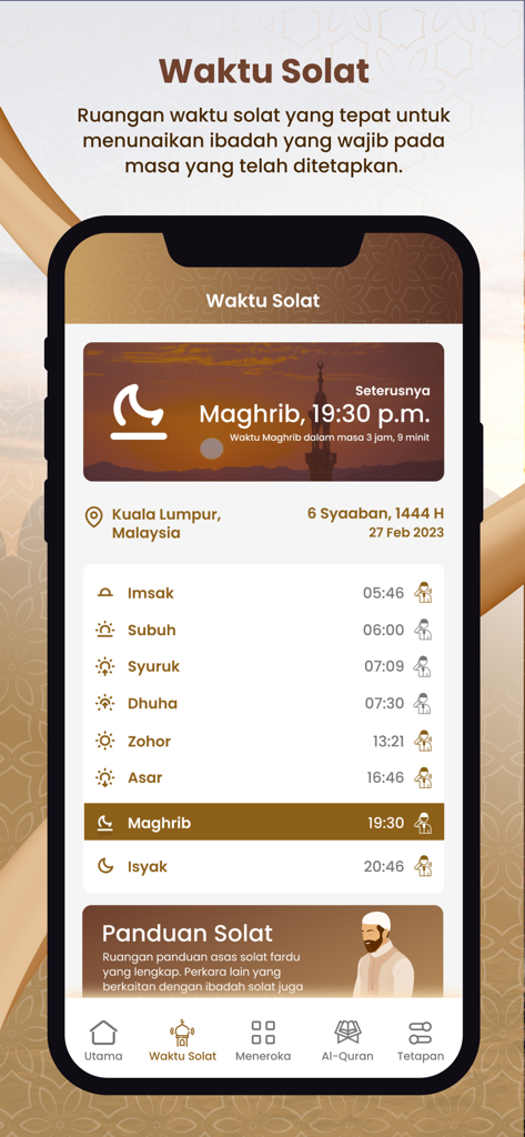 Waktu Solat Malaysia - Interface of the Waktu Solat Malaysia app displaying daily prayer times and a prayer guide.
