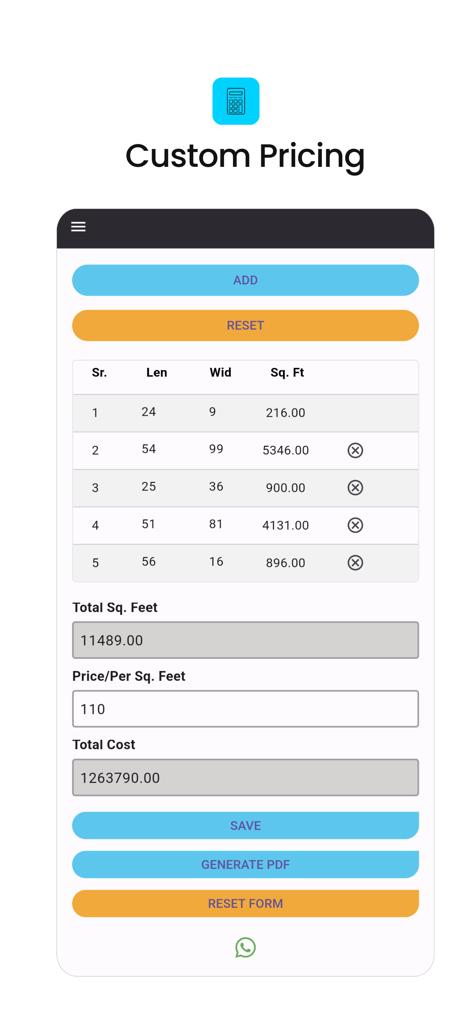 Slab Estimate - Slab Estimate app interface for custom pricing and area calculations