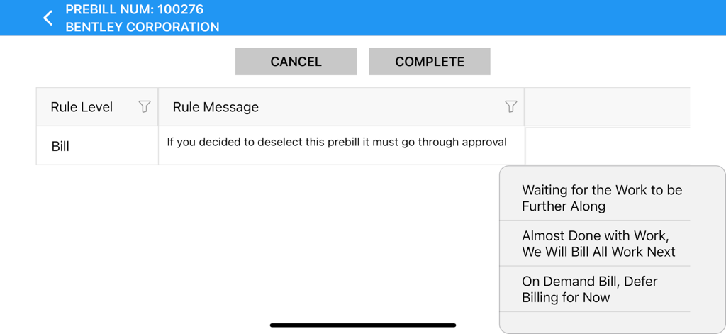 PrebillViewer - Screenshot of PrebillViewer mobile app showing billing status options and rule messages for a legal client