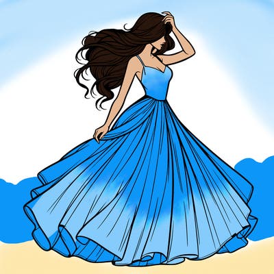 realistic woman with dress flowing in the wind