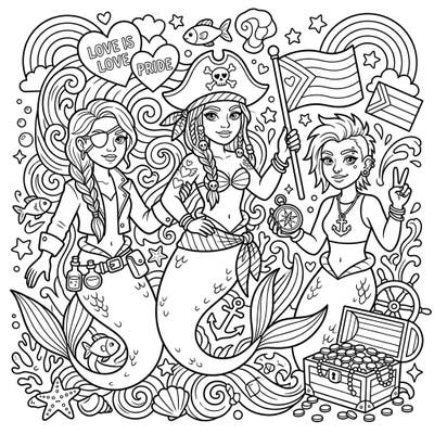 Embark on an epic coloring journey with our rebellious Pirate Mermaids, proudly showcasing their vibrant spirit and solidarity for Pride Month. This unique design blends adventurous seafaring tales with powerful messages of love and diversity.