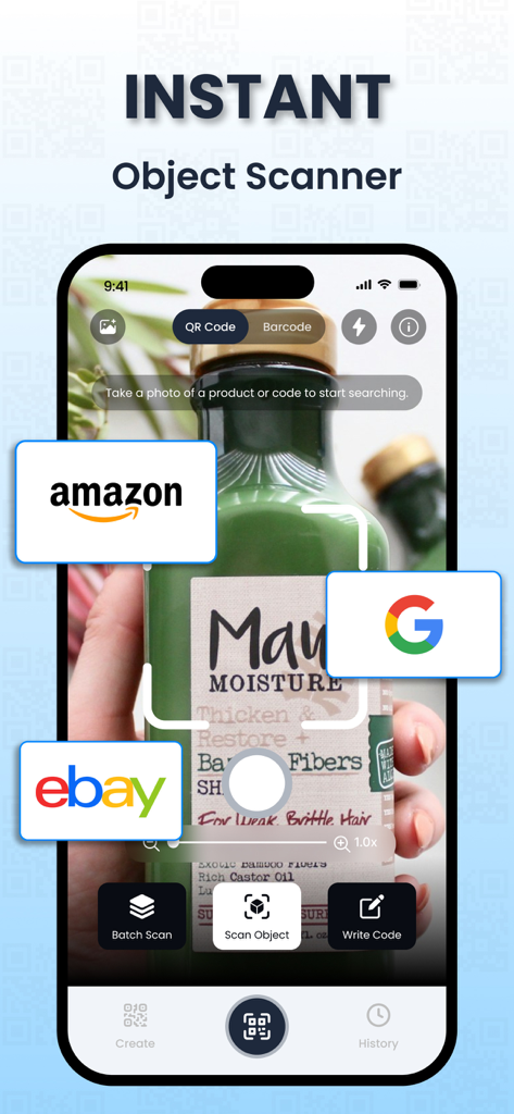 Interface d'une application de scan d'objets instantané identifiant un produit avec des liens de recherche pour Amazon, Google et eBay