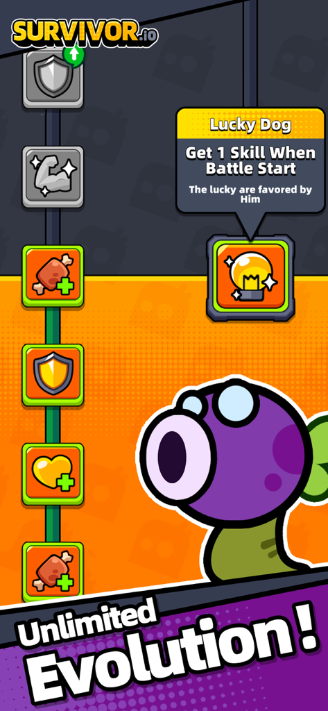 Survivor.io game screen showing unlimited evolution with various skill icons and a purple monster character