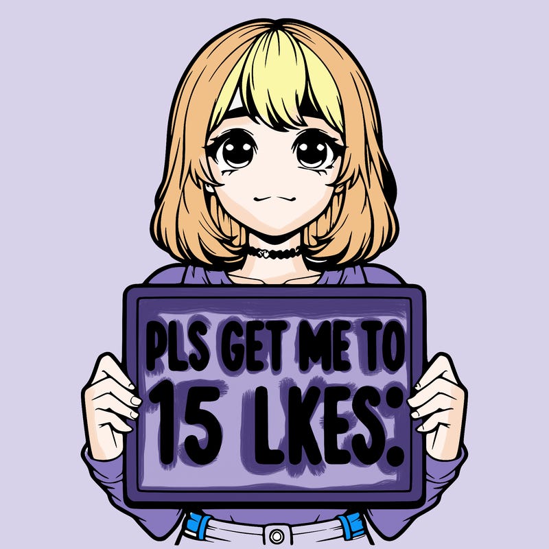 realistic girl holding up a sign that says “pls get me to 15 likes!”